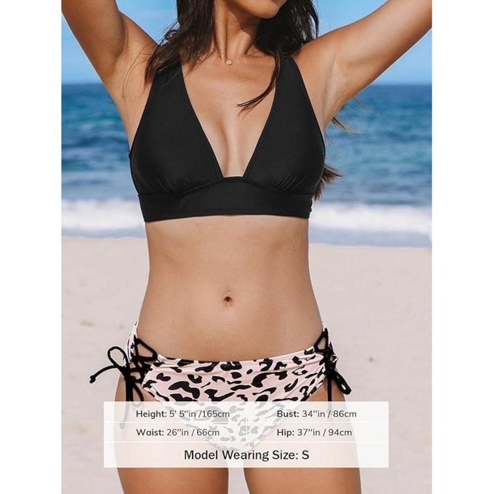 Cupshe Black V-Neck Bikini Top with Peach Leopard Waist Bottom